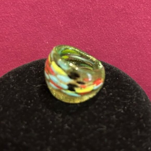 HAND BLOWN GLASS Green Multi Color Abstract Design RING - Picture 6 of 10